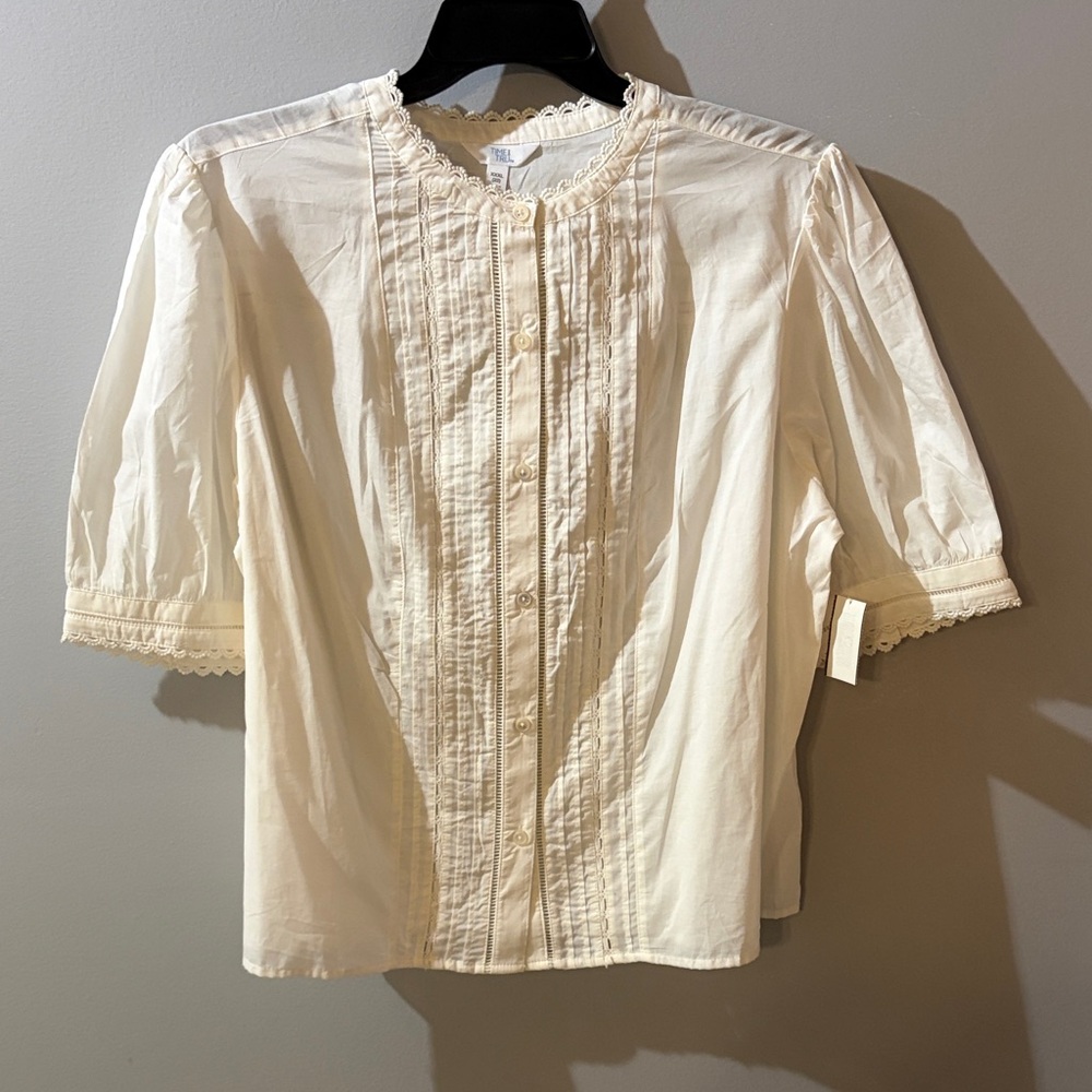 Time and Tru Cream Pintuck Lace-Trim Blouse